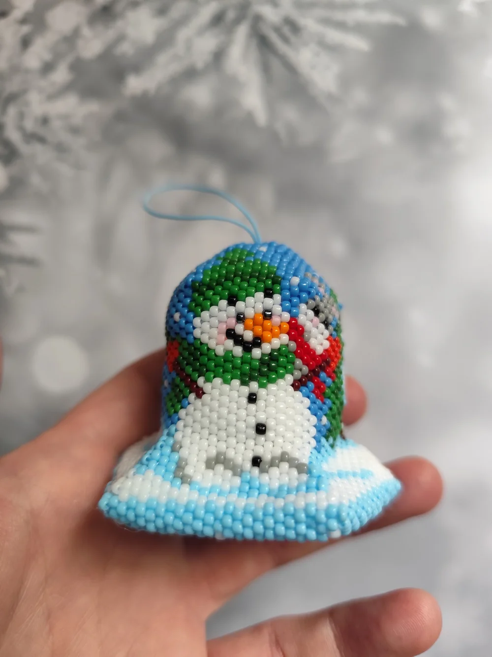 Handmade Blue Beaded Snowman Holiday Ornament
